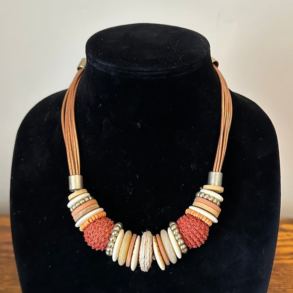 Chicos Multi Strand Cord Statement Necklace Earthy Mixed Media Beads Brown 20in